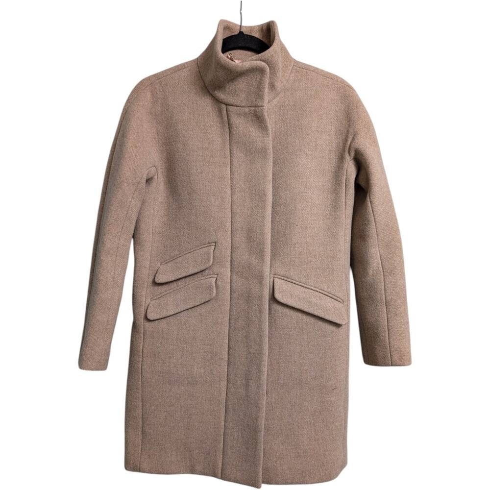 J Crew Cocoon Coat Italian Stadium-Cloth Wool Blend Tan High Collar Zip Size 2P